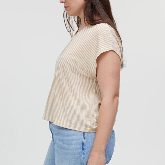 Madewell Relaxed Linen Blend V-Neck Short Sleeve Tee Desert Dune Tan Size L NWT - Picture 2 of 8
